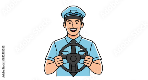 Smiling Male Driver in Uniform Holding Steering Wheel.