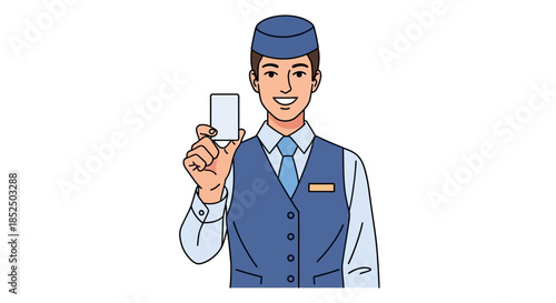 Smiling male flight attendant holding up a blank card.