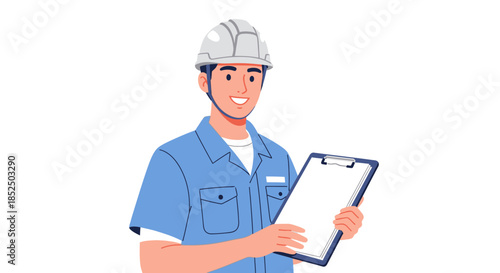 Smiling Male Engineer or Construction Worker Holding Clipboard.