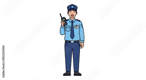 Smiling security guard in uniform holding a walkie talkie.