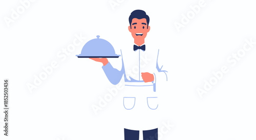Smiling Waiter Holding a Covered Serving Tray.