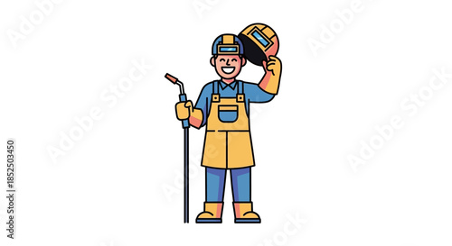 Smiling Welder Holding Welding Torch and Helmet, Ready for Work.