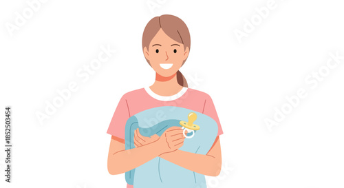 Smiling Woman Holding a Blue Baby Blanket with a Cartoon Face.