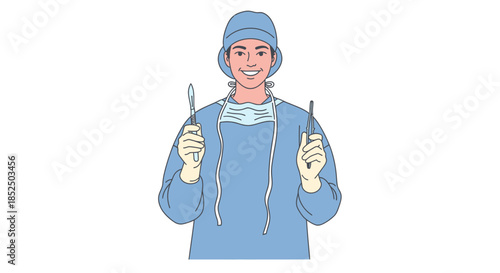 Smiling Surgeon in Scrubs Holding Surgical Instruments Ready for Operation.