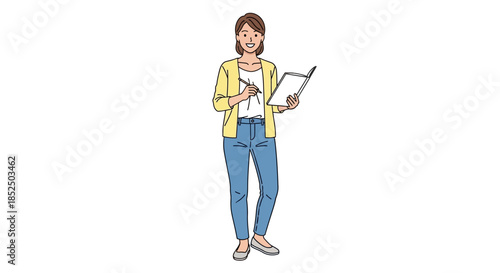 Smiling Woman in Casual Attire Holding a Clipboard and Pen.