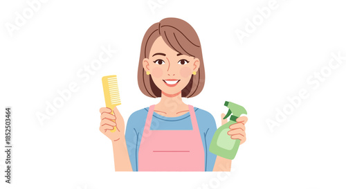 Smiling Woman in Apron Holding Cleaning Supplies Ready to Work.