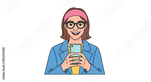 Smiling Woman with Glasses and Headband Using Smartphone.