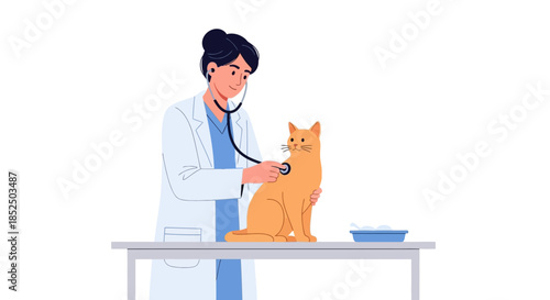 Veterinarian examining a ginger cat with a stethoscope on a table.