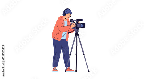 Videographer filming with professional camera on tripod.