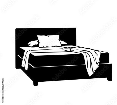 A minimalist illustration depicting a neatly made bed with a headboard pillows and a draped blanket