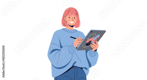 Young woman artist drawing on a digital tablet with a stylus.