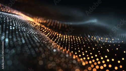 A mesmerizing digital landscape featuring luminous orange and gold dots arranged in a flowing wave pattern. This abstract visualization symbolizes data, connectivity, and technological advancement