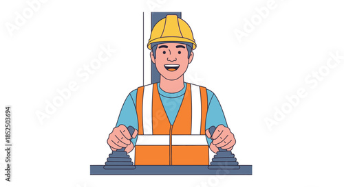 Smiling Construction Worker Operating Heavy Machinery with Focus.