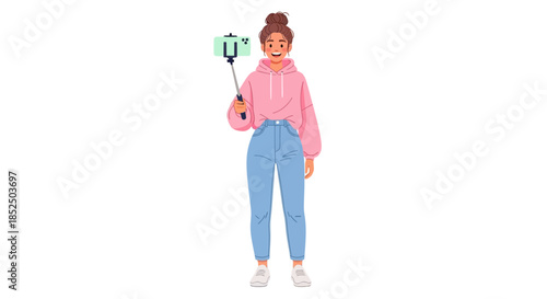 Young Woman with Bun Holding Selfie Stick and Phone.