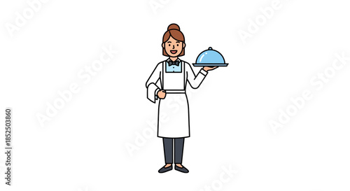 Smiling Female Waiter Holding a Covered Serving Dish.