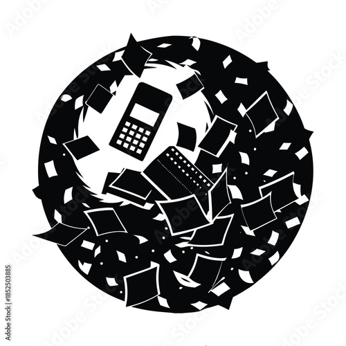 Black Silhouette of Papers and Calculator Swirling in a Circle 