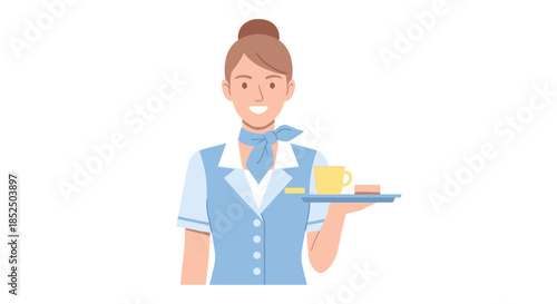 Smiling flight attendant serving a drink on a tray.