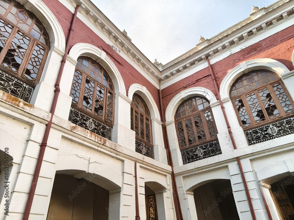 Obraz premium Weathered Facade of an Old Building with Broken Arched Windows