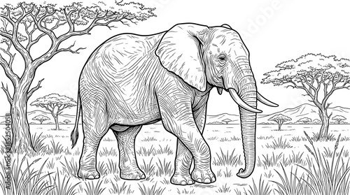 Black and white illustration of an elephant standing in a savannah with trees and grass, with a serene and natural mood.