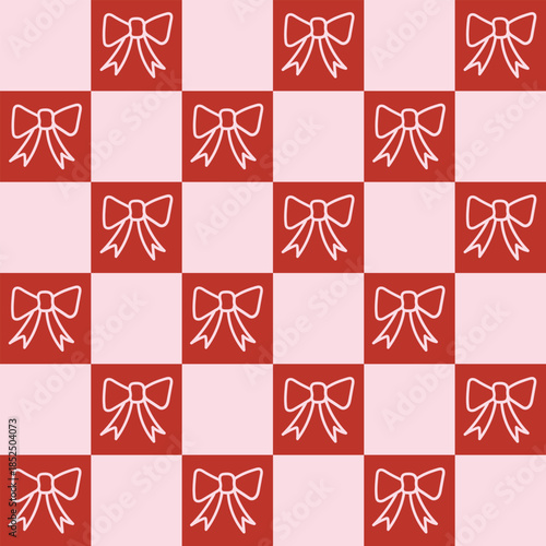 Romantic minimal seamless pattern with bows on a checkered background. Modern retro illustration for decoration. Aesthetic vector print in style retro