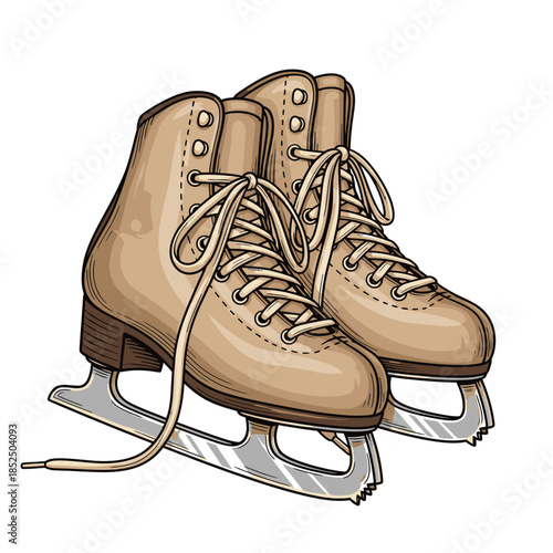 Brown leather ice skates with silver blades on white background
