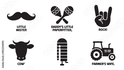 Black Icons of Mustache, Maracas, Hand and Cow, Silo, Tractor on White Background