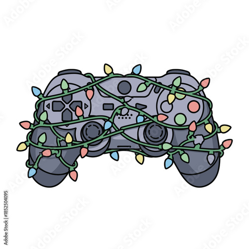 Festive gaming controller wrapped in colorful Christmas lights