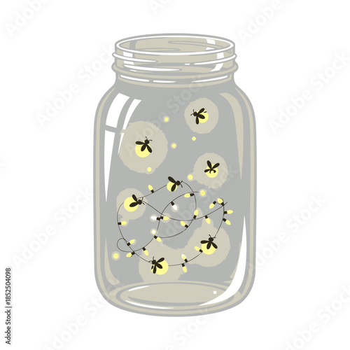 Whimsical fireflies trapped in a glowing glass jar with colorful string lights