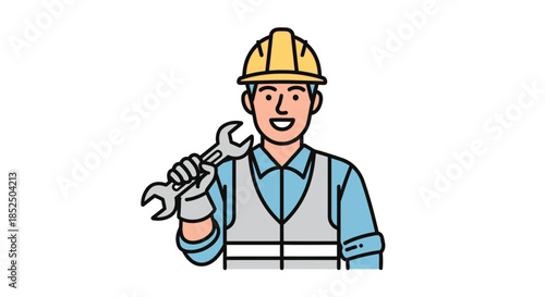 Smiling male construction worker holding a wrench, ready for work.