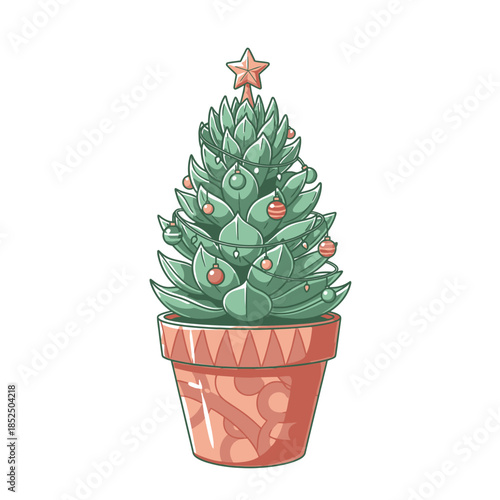Succulent Christmas tree in pot with colorful ornaments and star