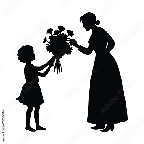 Silhouette of a child giving flowers to a woman girl mother