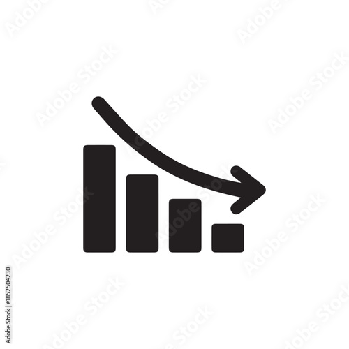 Black single financial graph with down arrow icon, simple business decline flat design pictogram vector for app ads web banner button ui ux interface elements isolated on white background