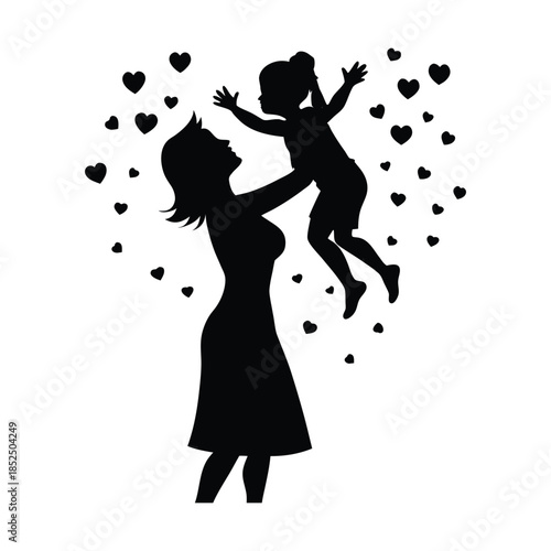 Silhouette of a mother throwing her child in the air surrounded by hearts daughter