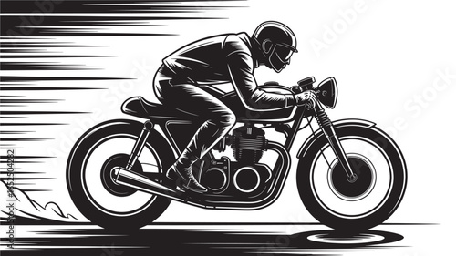 Motorcyclist Riding Fast on Asphalt Road in Black and White