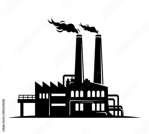 A stark black and white depiction of an industrial factory with two smokestacks emitting dark plumes of smoke