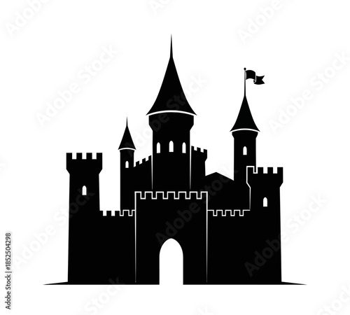A striking black silhouette of a medieval castle with multiple towers and a fortified wall