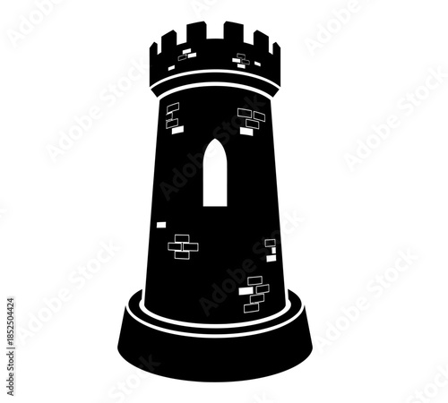 A striking black and white illustration of a chess rook showcasing its tower like structure and detailed design