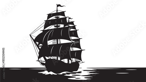Black Sailing Ship on Ocean Water Isolated on White