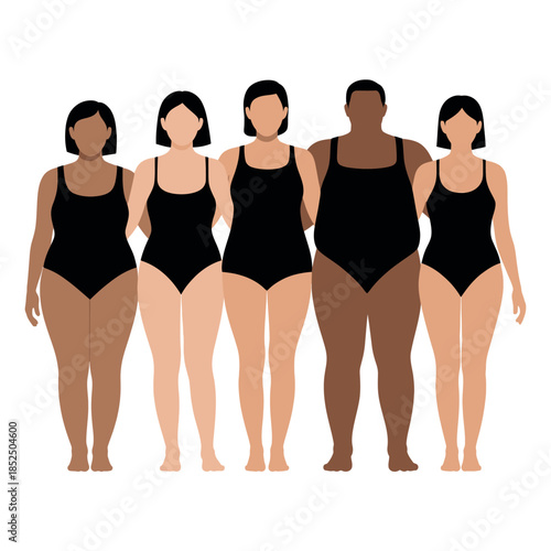 Diverse group of people in swimwear stand together, representing different body types.