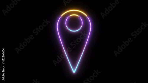 GPS Location Pin Outline Neon Glow Animation on Black Background, Colorful Futuristic Map Marker Icon Loop with Luminous Line Art for Navigation, Tracking, UI, App and Technology Videos