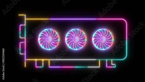 GPU Outline Icon Neon Glow Animation on Black Background, Graphics Processing Unit Symbol with Futuristic Digital Technology, Gaming Hardware, Artificial Intelligence and High Performance Computing