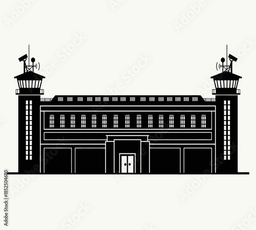 A stark black and white illustration depicts a fortress like building with watchtowers and surveillance equipment