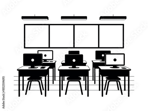 A modern classroom is equipped with individual desks and computer stations, ready for learning.