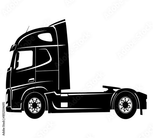 A sleek black silhouette of a modern semi truck tractor unit is displayed in a side view