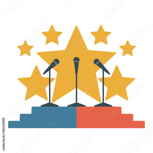 A stage with microphones and stars represents a performance or award ceremony.