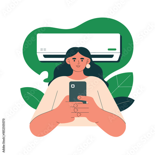 A person controls an air conditioner unit using a smartphone, surrounded by abstract green shapes and leaves.