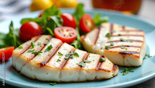 Grilled Fish Fillet with Cherry Tomatoes and Greens on Blue Plate