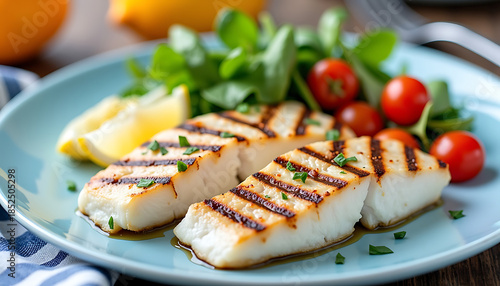 Grilled Fish Fillet with Cherry Tomatoes and Greens on Blue Plate