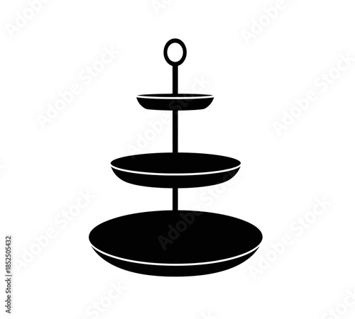 A simple black and white illustration of a three tiered serving tray commonly used for desserts