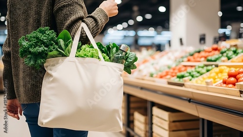 Reusable Tote Bag with Fresh Vegetables in Modern Supermarket